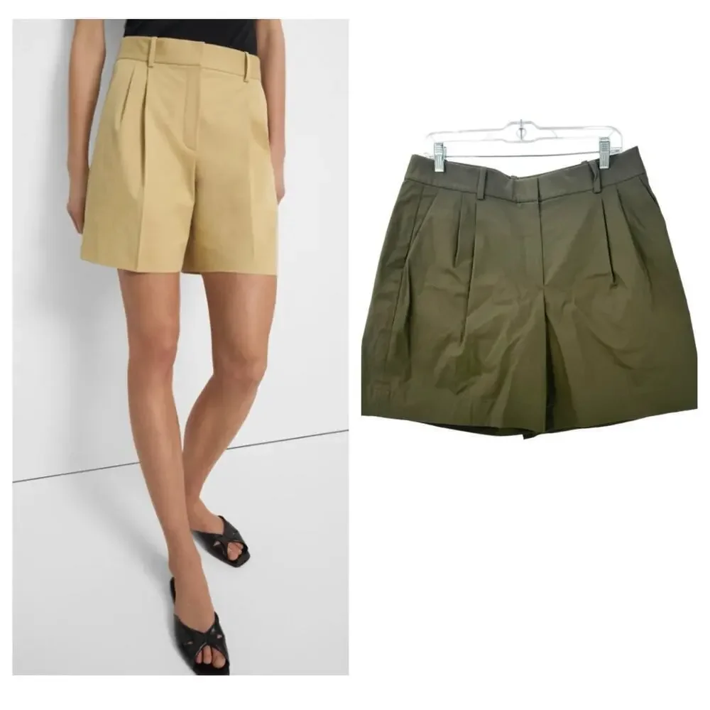 Theory High-Rise Pleated Shorts in Stretch Cotton Twill Olive Size 10 NWOT